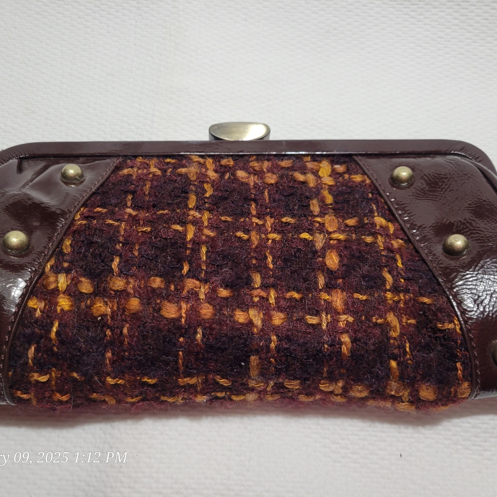 Adrienne Vittadini Brown Leather/Tweed Clutch with Metallic Finish EUC